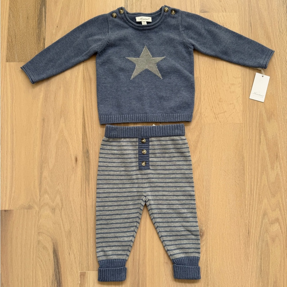 Miniclasix Cozy Blue Star Sweater and Striped Pants Set Size 9M